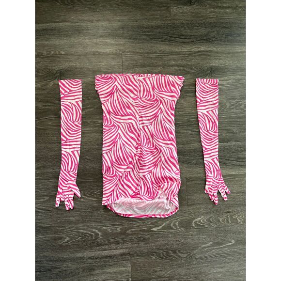 NWOT Miscreants Pink & White Zebra Cupid Mini Dress With Gloves Sz US 10 / UK 14 - Picture 3 of 4